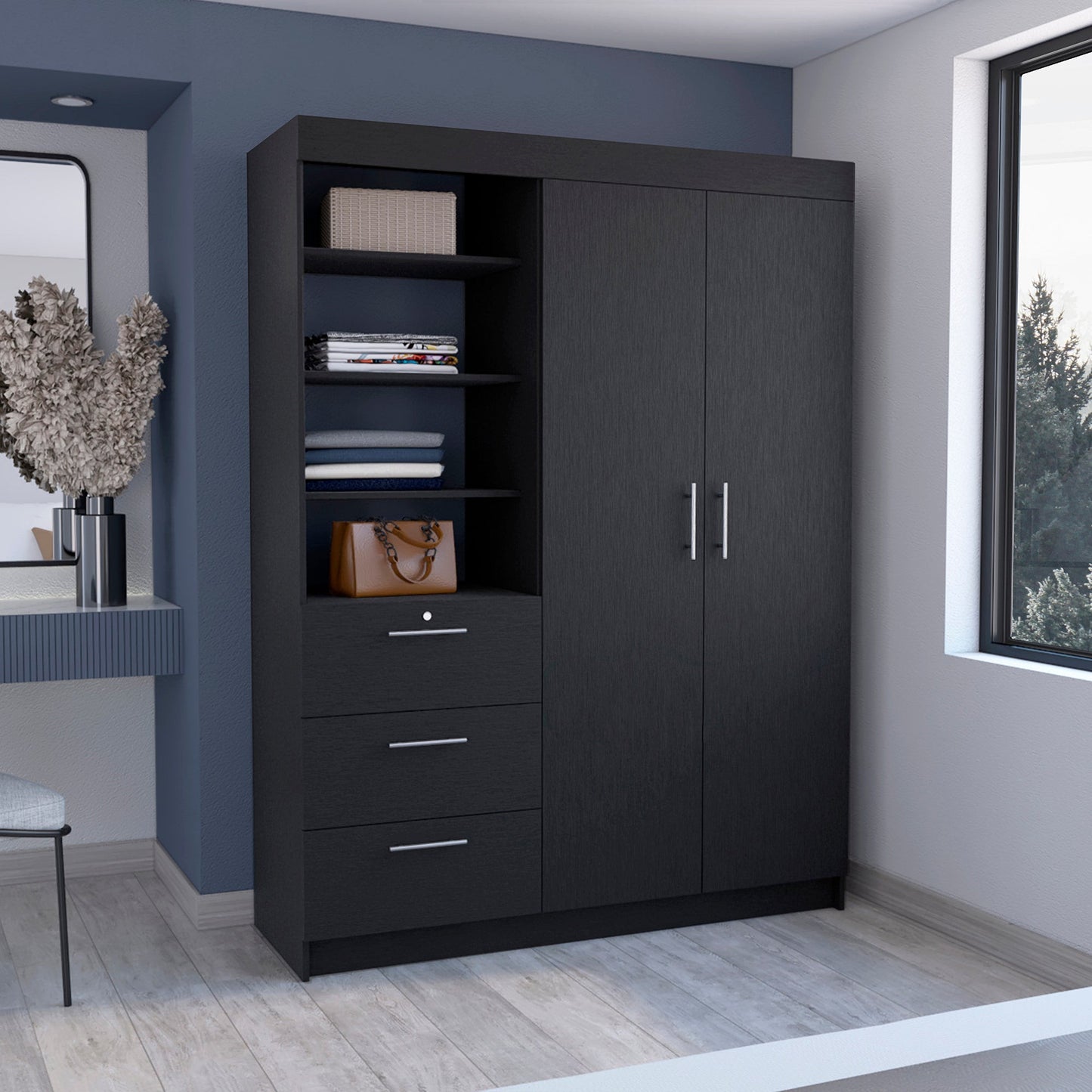 79" Black Wood Two Door Three Drawer Combo Dresser