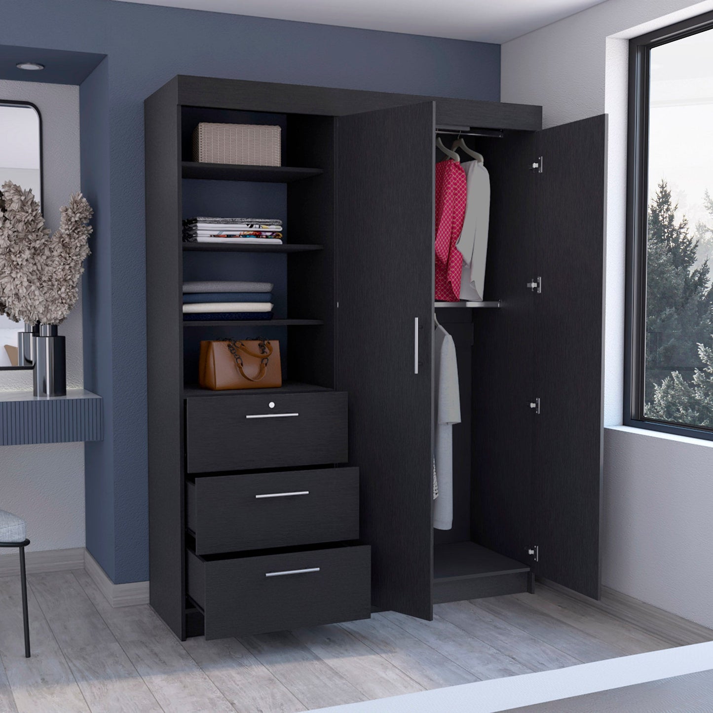 79" Black Wood Two Door Three Drawer Combo Dresser