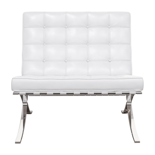 32" White and Silver Italian Leather Tufted Lounge Chair