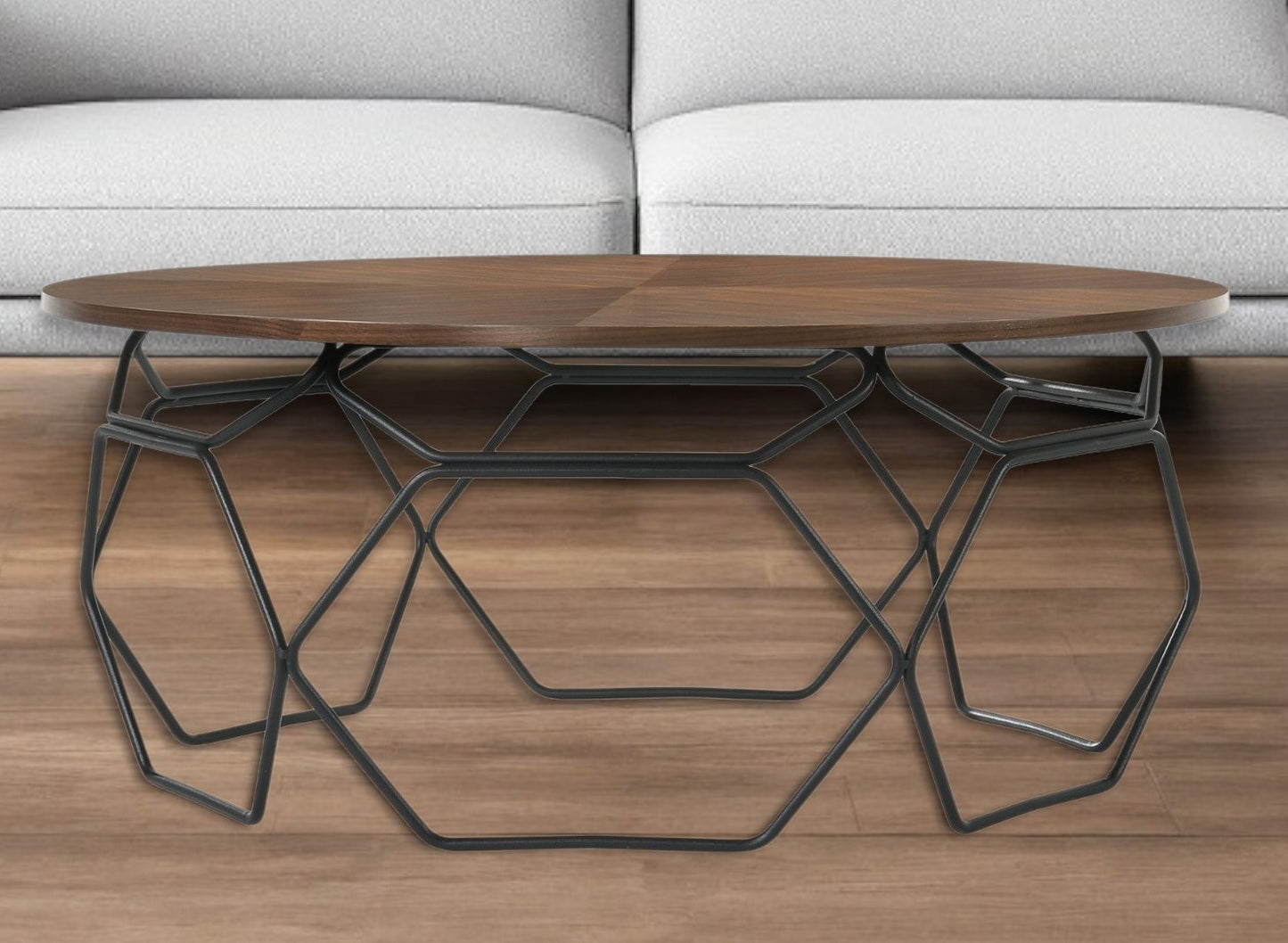 36" Brown And Black Solid Wood And Metal Round Coffee Table