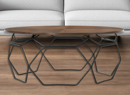 36" Brown And Black Solid Wood And Metal Round Coffee Table