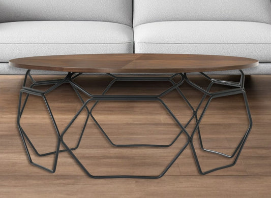 36" Brown And Black Solid Wood And Metal Round Coffee Table