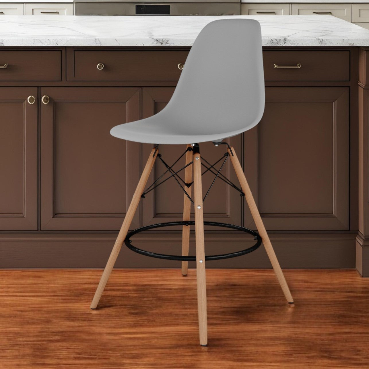 28" Gray And Brown Heavy Duty Plastic And Solid Wood Counter Height Bar Chair