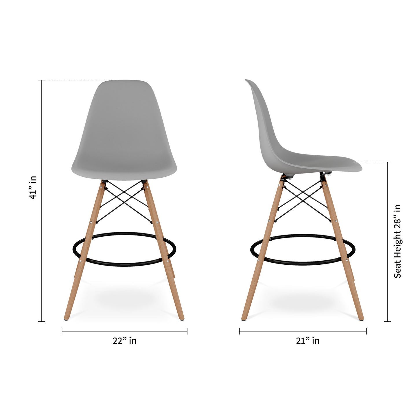 28" Gray And Brown Heavy Duty Plastic And Solid Wood Counter Height Bar Chair