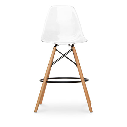 28" Clear And Brown Acrylic And Solid Wood Counter Height Bar Chair