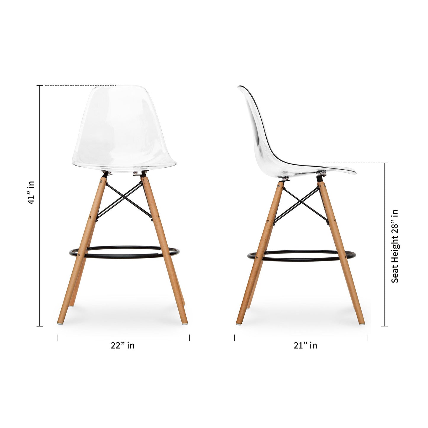 28" Clear And Brown Acrylic And Solid Wood Counter Height Bar Chair