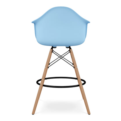 28" Light Blue And Brown Heavy Duty Plastic And Solid Wood Low Back Counter Height Bar Chair