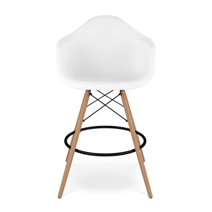 28" White And Brown Heavy Duty Plastic And Solid Wood Low Back Counter Height Bar Chair