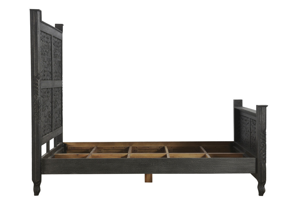 Black Carved Floral Distressed Solid Wood Queen Bed Frame