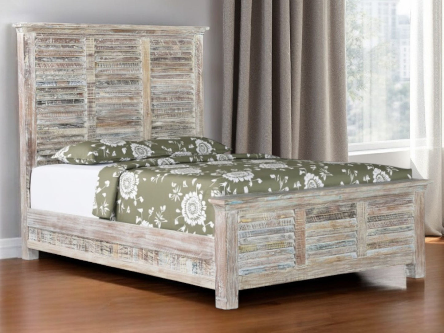 White Carved Geometric Distressed Reclaimed Wood Queen Bed Frame