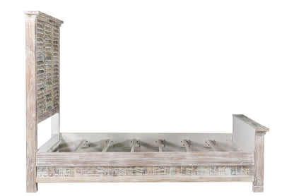 White Carved Geometric Distressed Reclaimed Wood Queen Bed Frame