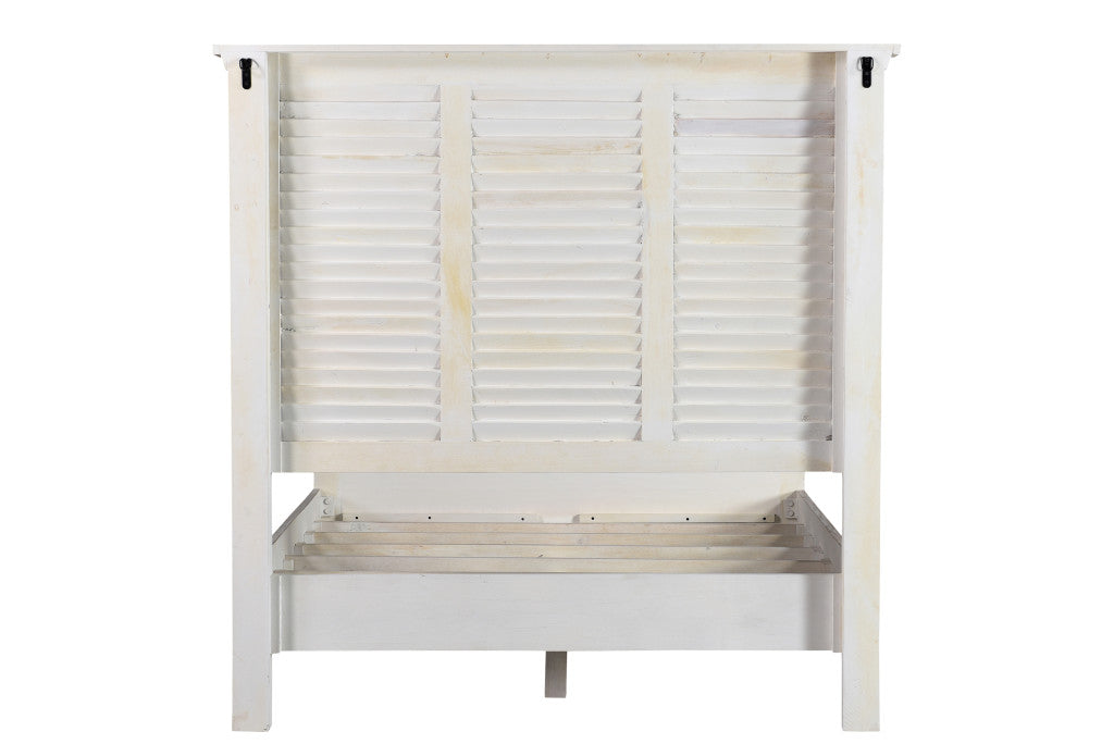 White Carved Geometric Distressed Reclaimed Wood Queen Bed Frame