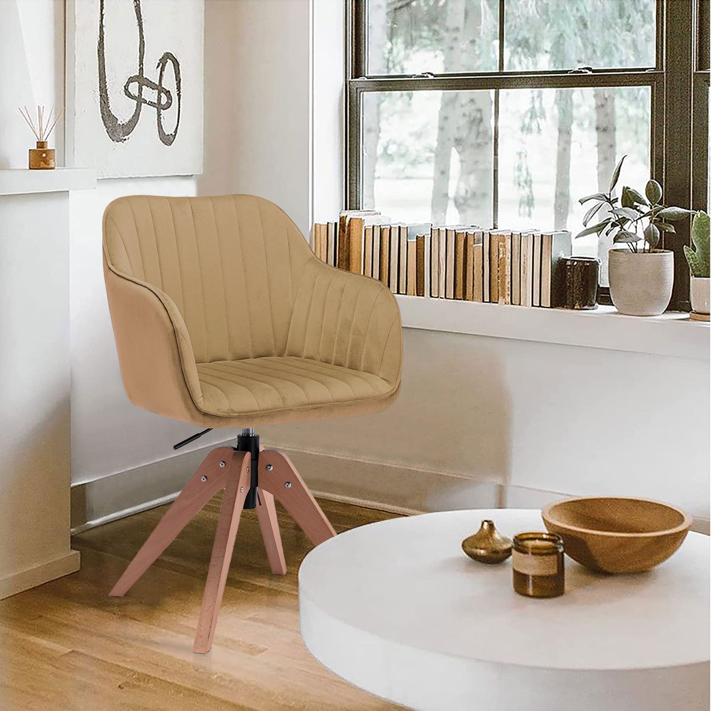 Tufted Champagne and Natural Upholstered Velvet Dining Arm Chair