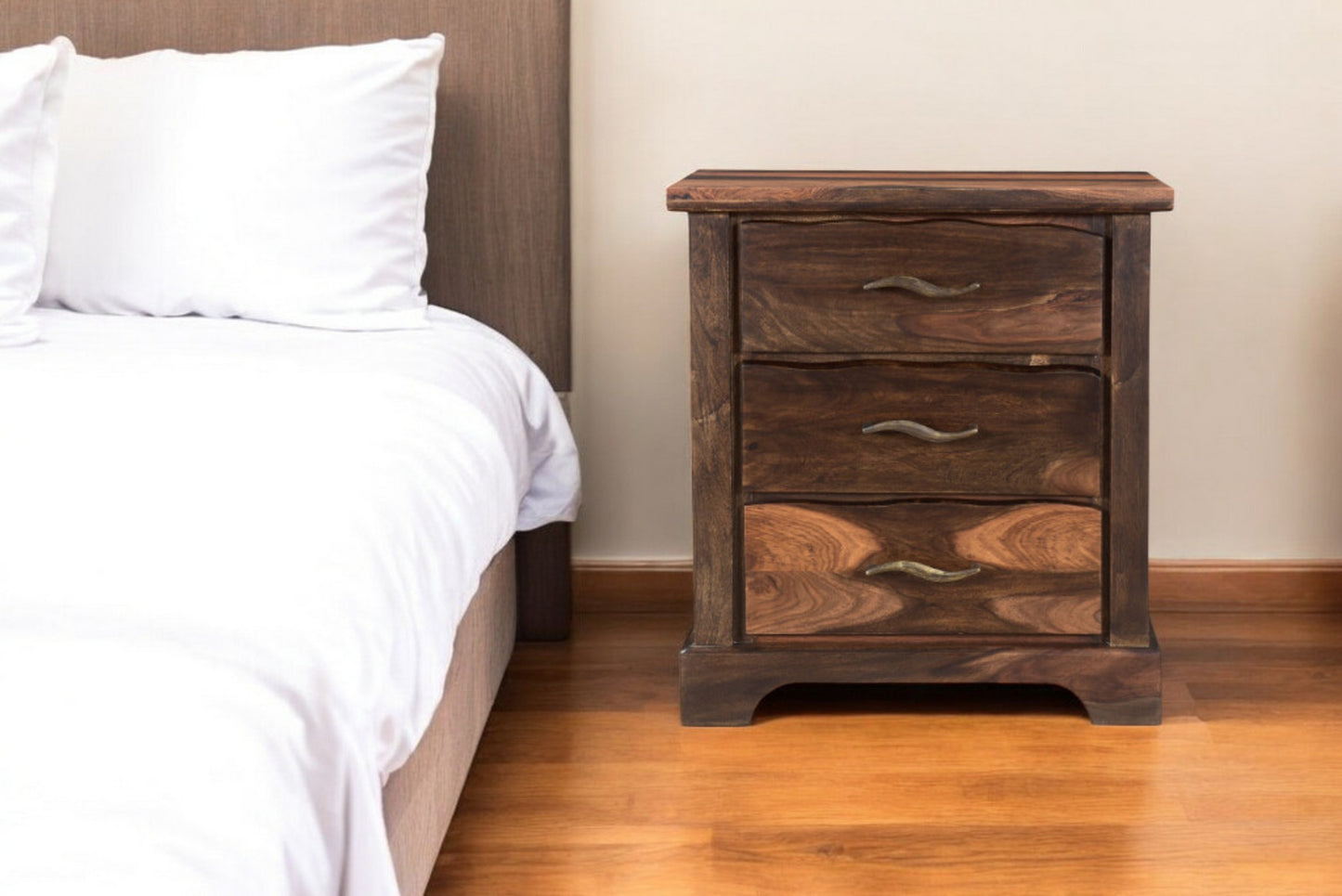 27" Dark Brown Solid Wood Three Drawer Nightstand