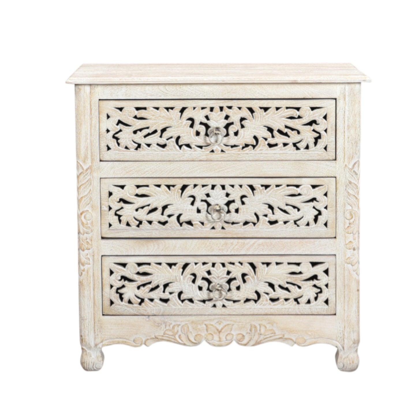 30" White Solid Wood Distressed Three Drawer Nightstand