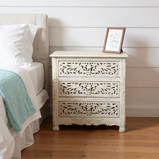 30" White Solid Wood Distressed Three Drawer Nightstand