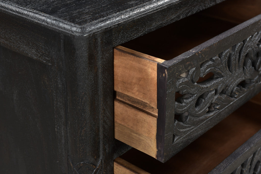 30" Black Solid Wood Distressed Three Drawer Nightstand