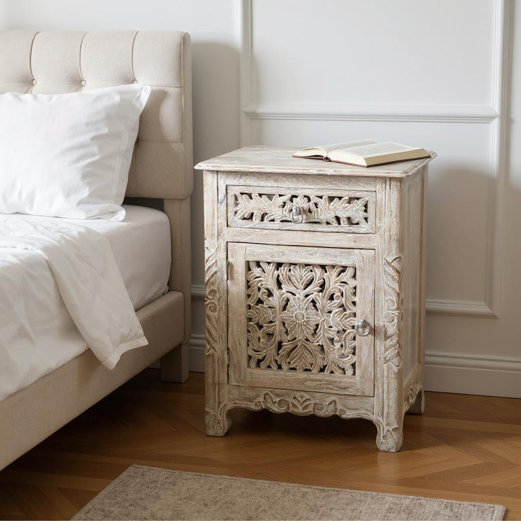 30" White Solid Wood Distressed One Drawer Nightstand