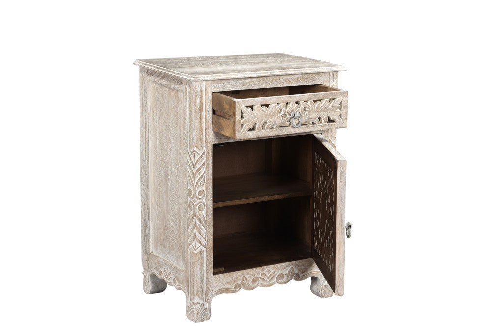 30" Distressed White One Drawer Carved Floral Solid Wood Nightstand