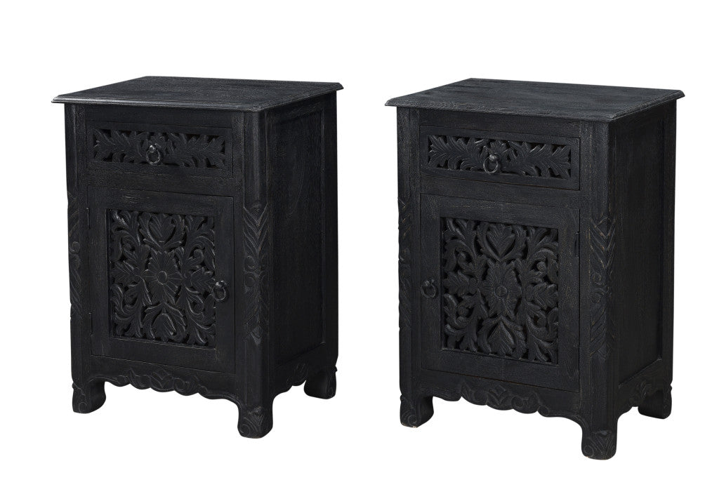 30" Black Solid Wood Distressed One Drawer Nightstand
