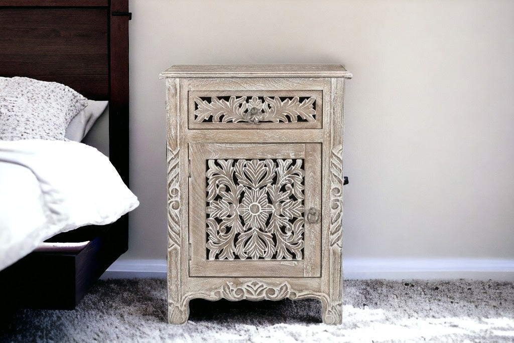 30" Gray Solid Wood Distressed One Drawer Nightstand