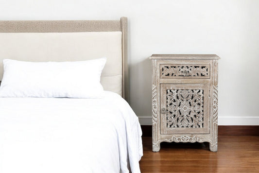 30" Gray Solid Wood Distressed One Drawer Nightstand