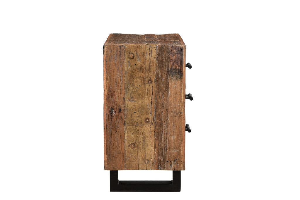 30" Dark Brown Solid Wood Distressed Three Drawer Nightstand