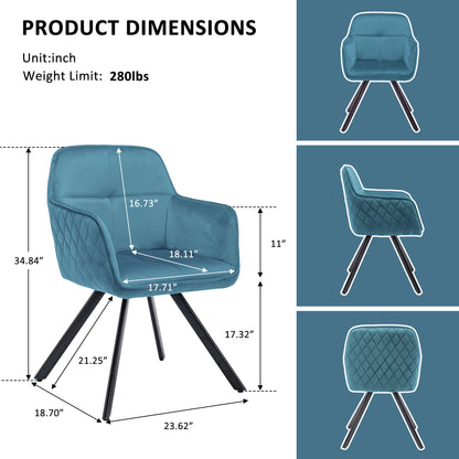 Tufted Blue And Black Velvet and Metal Dining Arm Chair