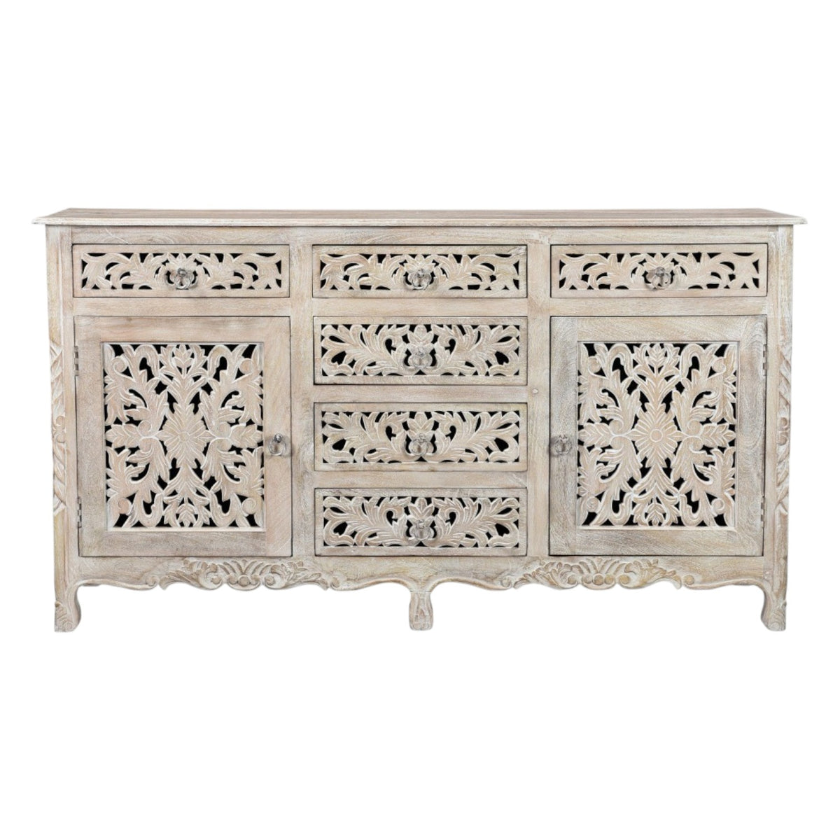 66" White Distressed Solid Wood Carved Floral Six Drawer Sideboard with Two Doors