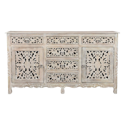66" White Distressed Solid Wood Carved Floral Six Drawer Sideboard with Two Doors