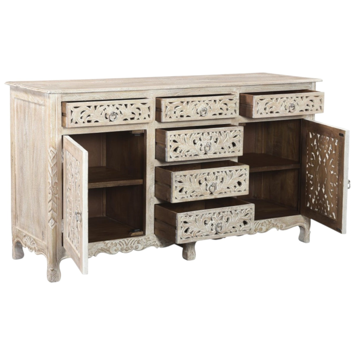 66" White Distressed Solid Wood Carved Floral Six Drawer Sideboard with Two Doors