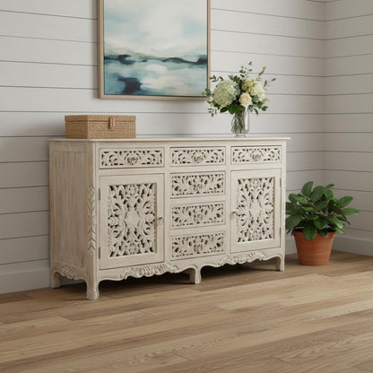 66" White Distressed Solid Wood Carved Floral Six Drawer Sideboard with Two Doors