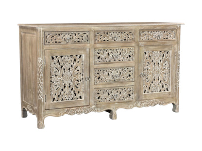 66" Gray Distressed Solid Wood Carved Floral Six Drawer Sideboard with Two Doors