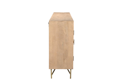 95" Natural And Antiqued Gold Solid Wood Carved Geometric Sideboard with Six Doors