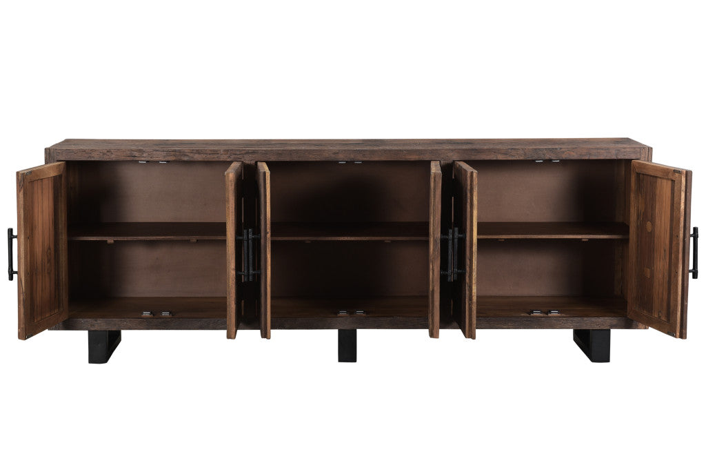 100" Dark Brown Distressed Reclaimed Wood Sideboard with Six Doors