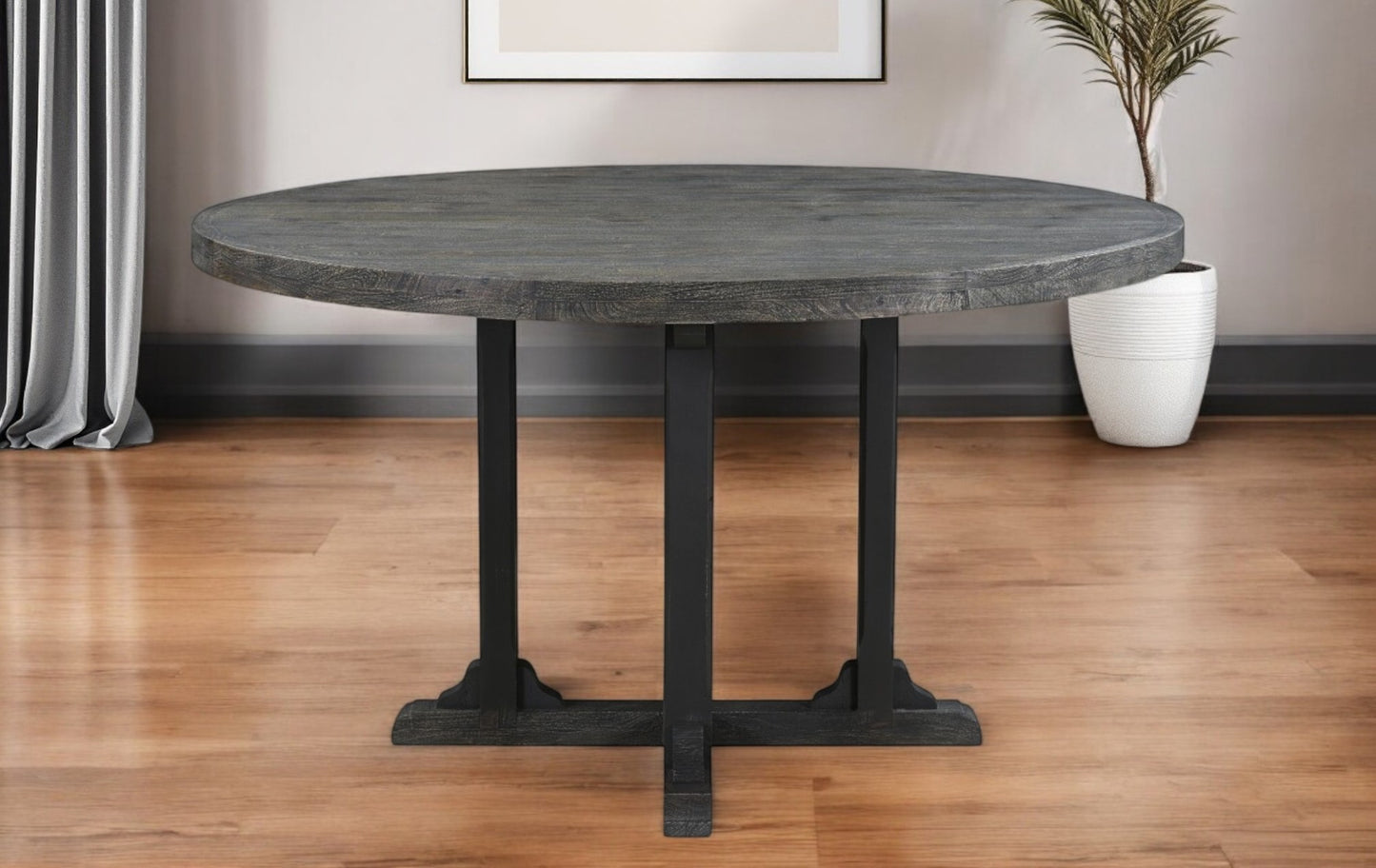 54" Black Rounded Solid Wood Pedestal Base Dining Table