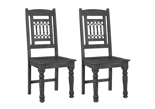 Set of Two Black Wood Slat Back Dining Side Chairs