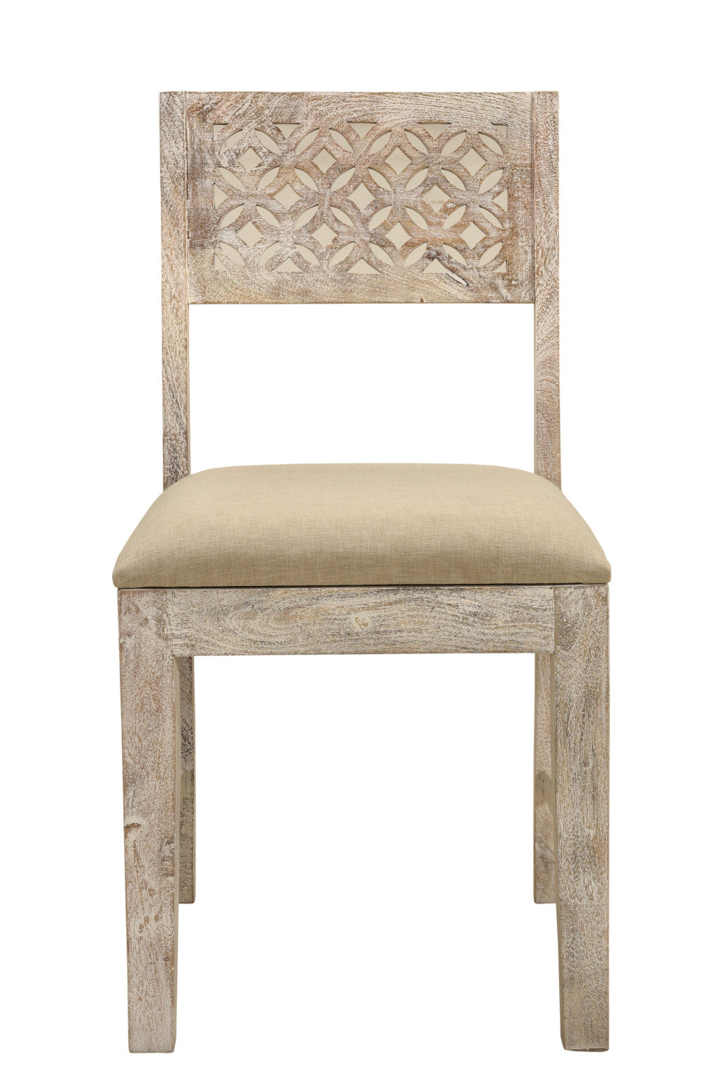 Set of Two Brown And White Upholstered Fabric Carved Back Dining Side Chairs