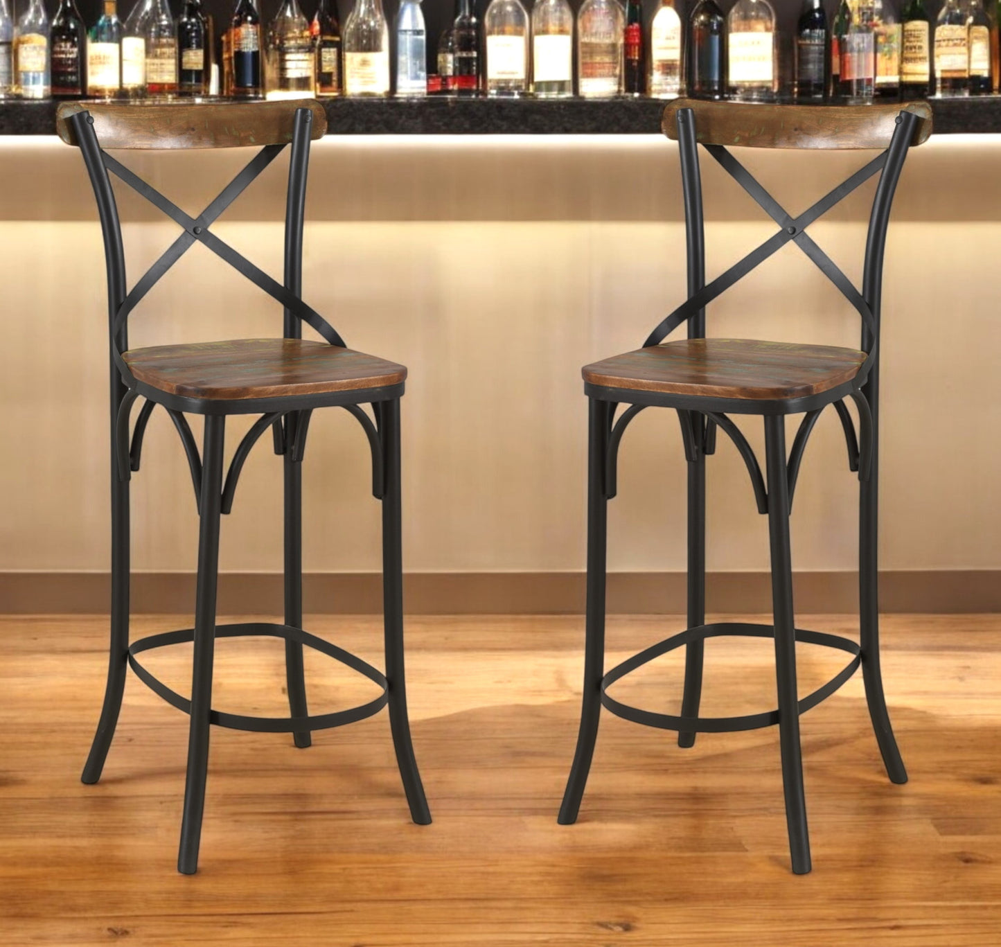 30" Brown and Black Solid Wood and Metal Counter Height Bar Chair
