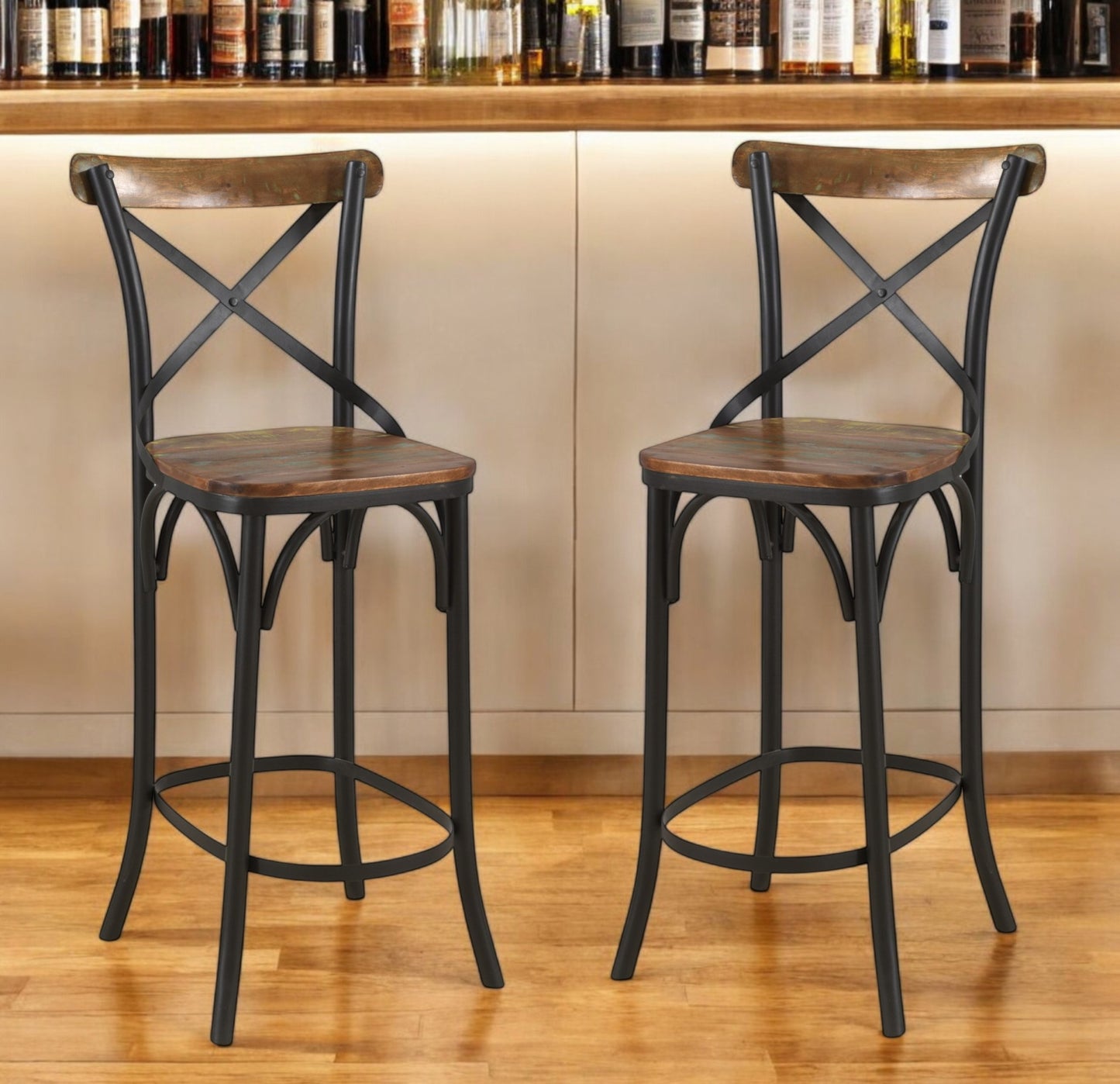 30" Brown and Black Solid Wood and Metal Counter Height Bar Chair
