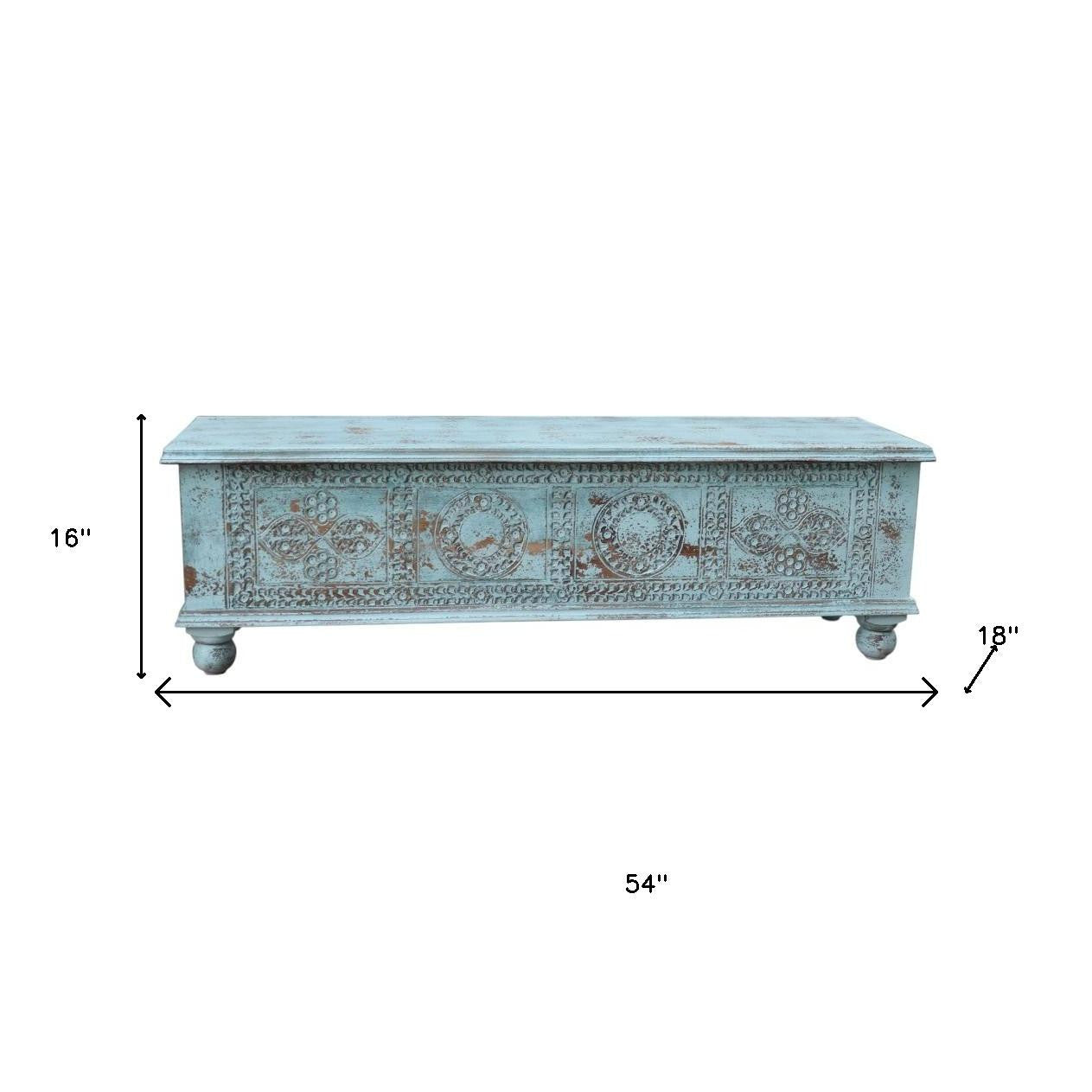 54" Aqua Carved And Distressed Solid Wood Lift Top Coffee Table