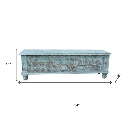 54" Aqua Carved And Distressed Solid Wood Lift Top Coffee Table
