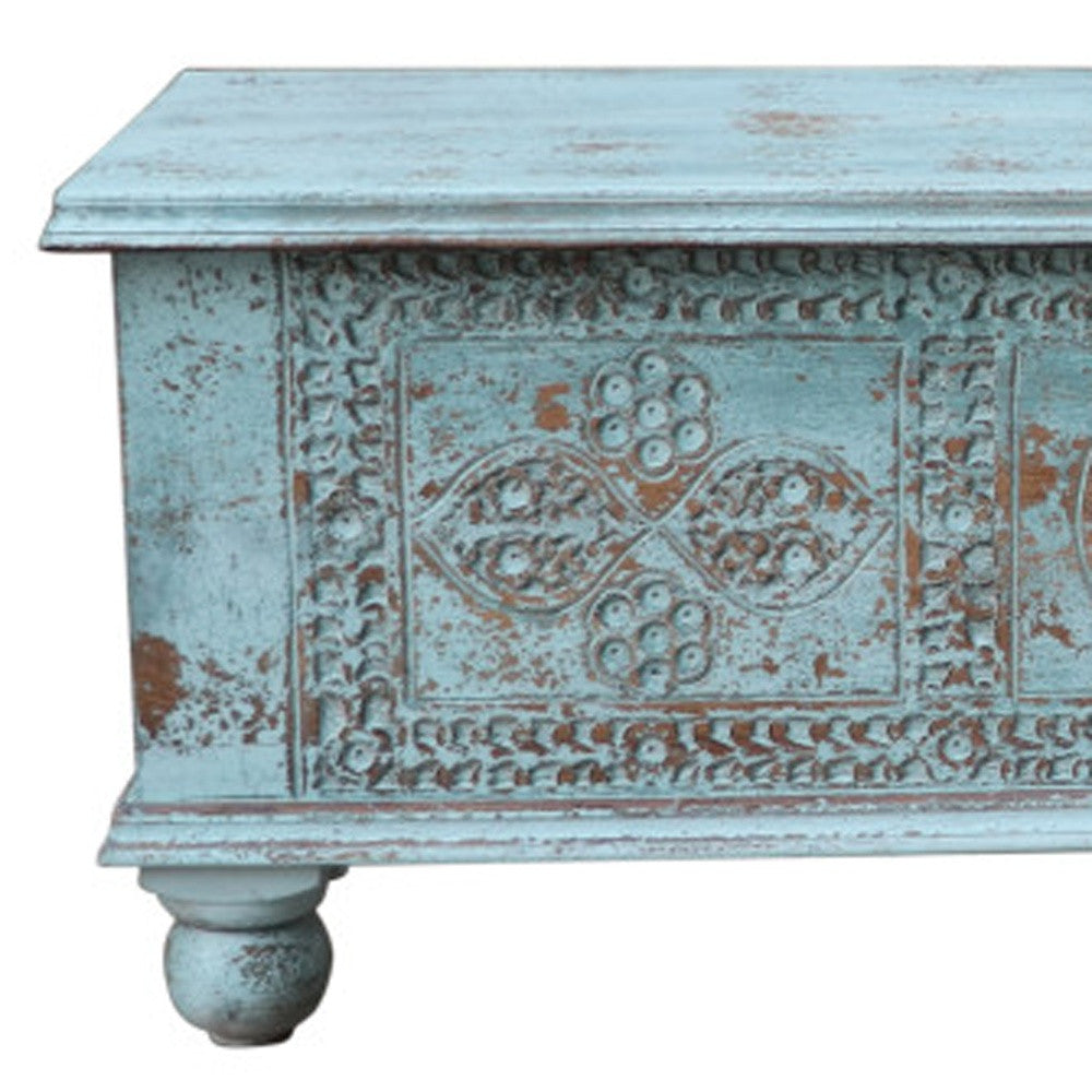 54" Aqua Carved And Distressed Solid Wood Lift Top Coffee Table