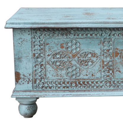 54" Aqua Carved And Distressed Solid Wood Lift Top Coffee Table
