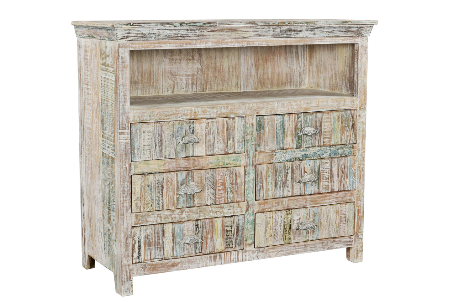 50" White Distressed Reclaimed Wood Open And Enclosed Storage Entertainment Center