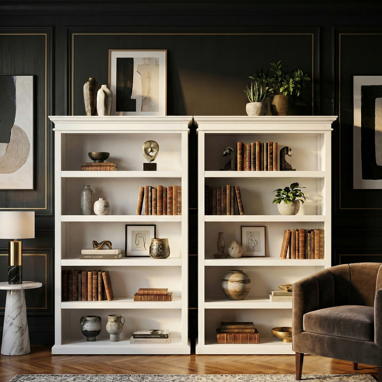 77" Antiqued White Solid Wood Five Tier Bookcase