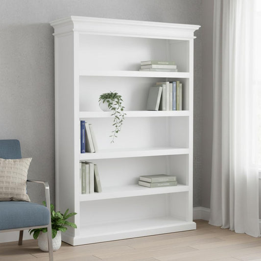 77" Antiqued White Solid Wood Five Tier Bookcase