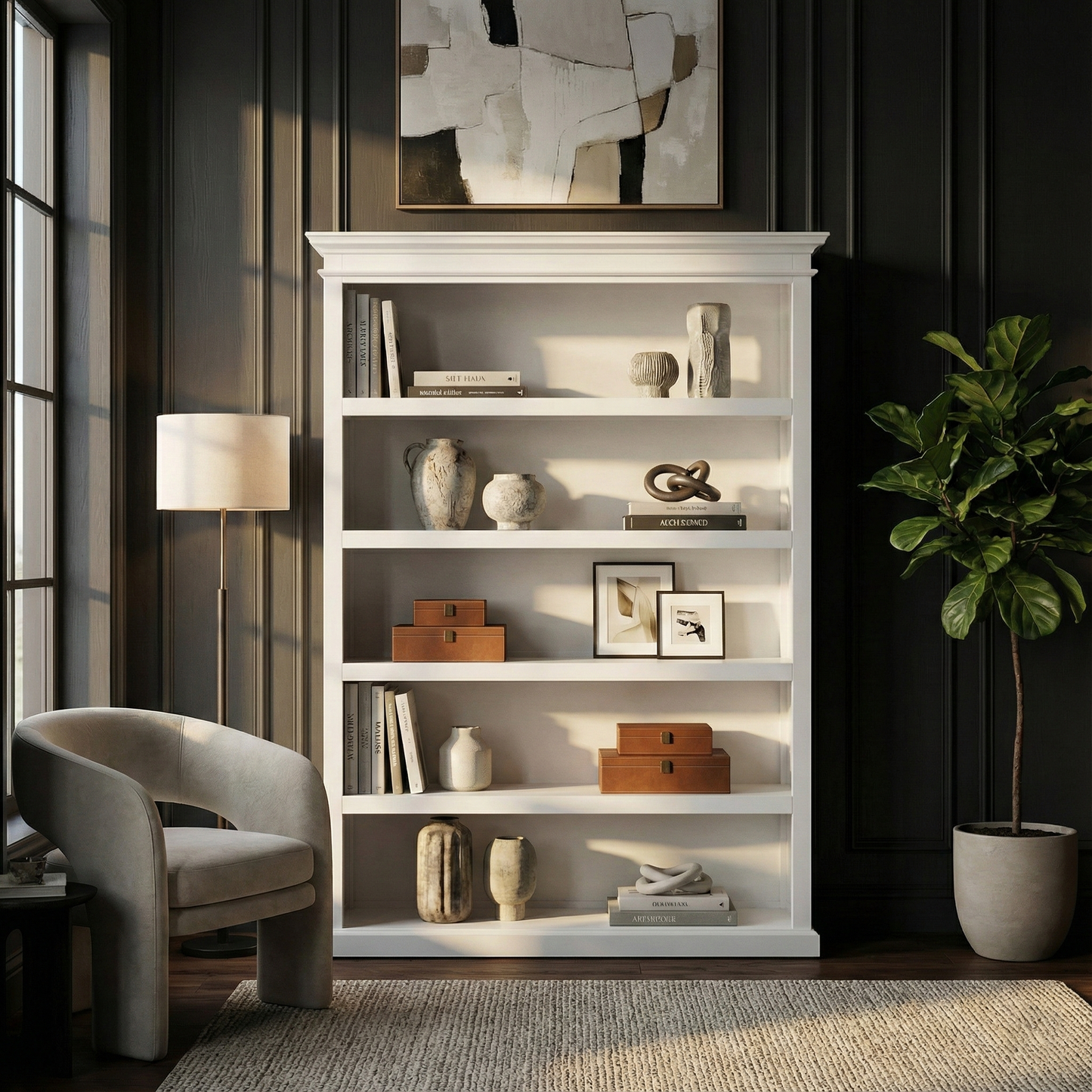 77" Antiqued White Solid Wood Five Tier Bookcase