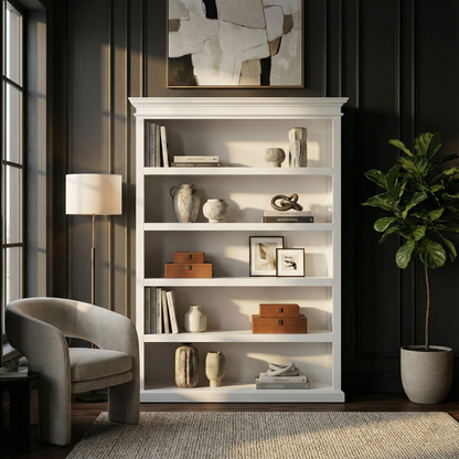 77" Antiqued White Solid Wood Five Tier Bookcase