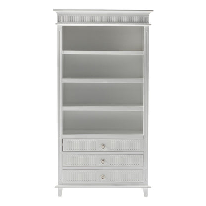 Antiqued White Solid Wood Four Tier Bookcase with Three Drawers